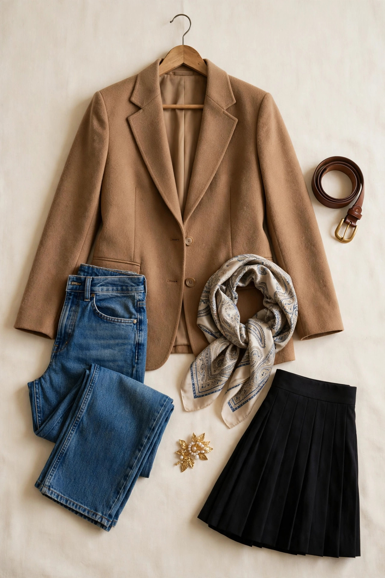 Camel blazer on a hanger with belt, scarf, jeans and skirt arranged around it