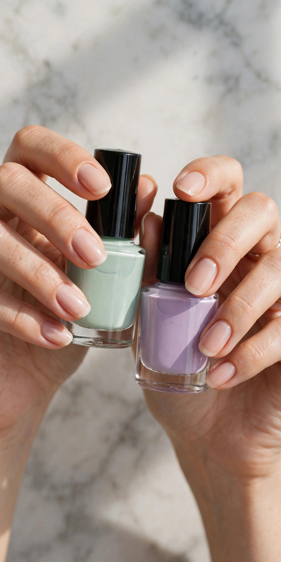 Hands with nude manicured nails holding pastel nail polish bottles on marble