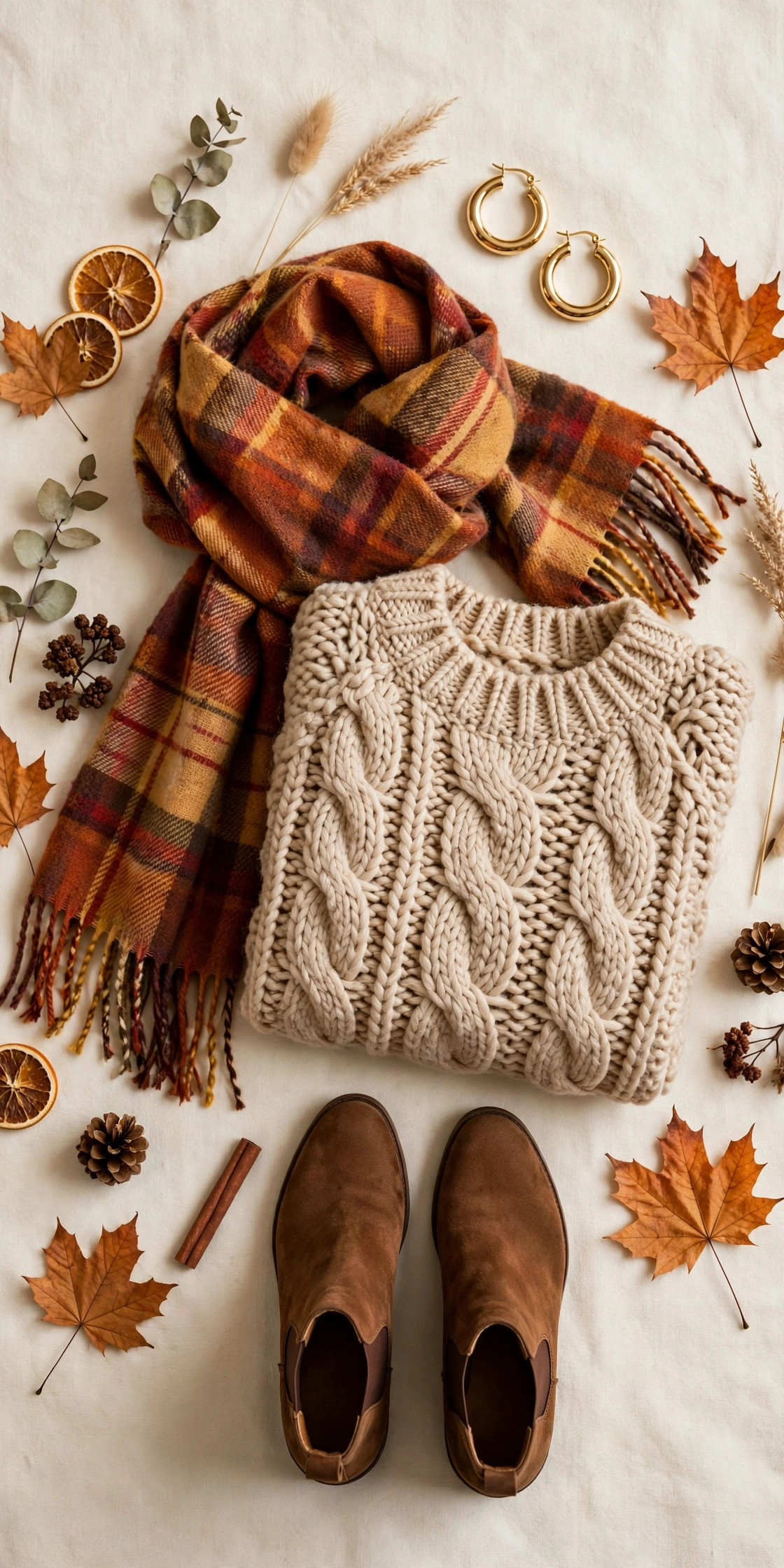 Cozy fall outfit flat lay: chunky knit sweater, plaid scarf, ankle boots, gold hoop earrings
