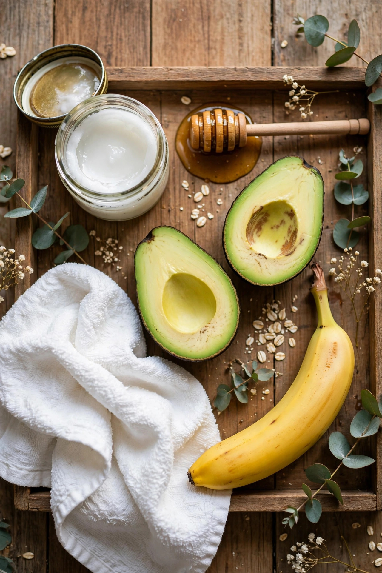 DIY hair mask ingredients: coconut oil, honey, avocado and banana on a wooden tray