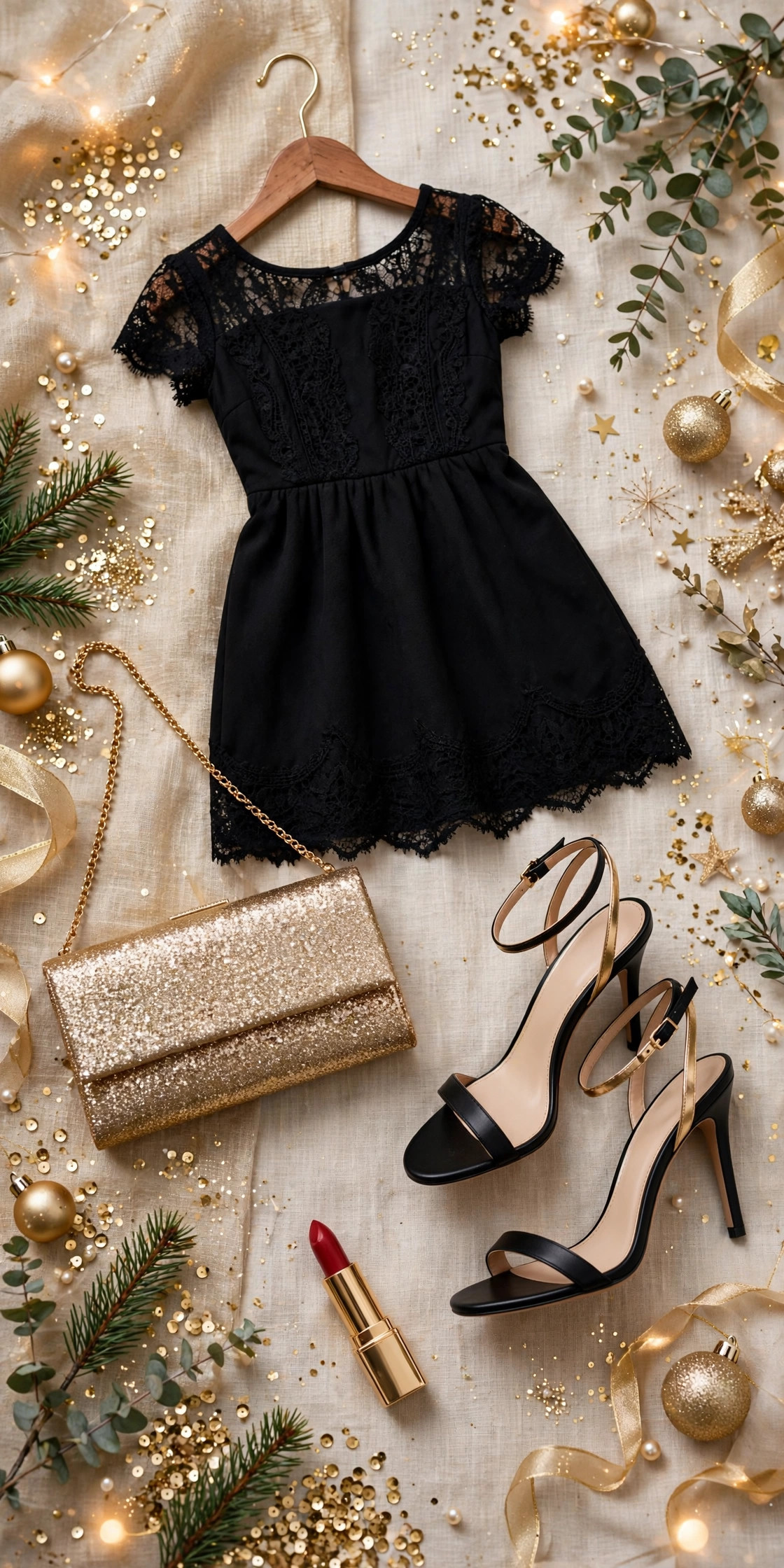 Holiday party flat lay: black dress, gold clutch, strappy heels, red lipstick