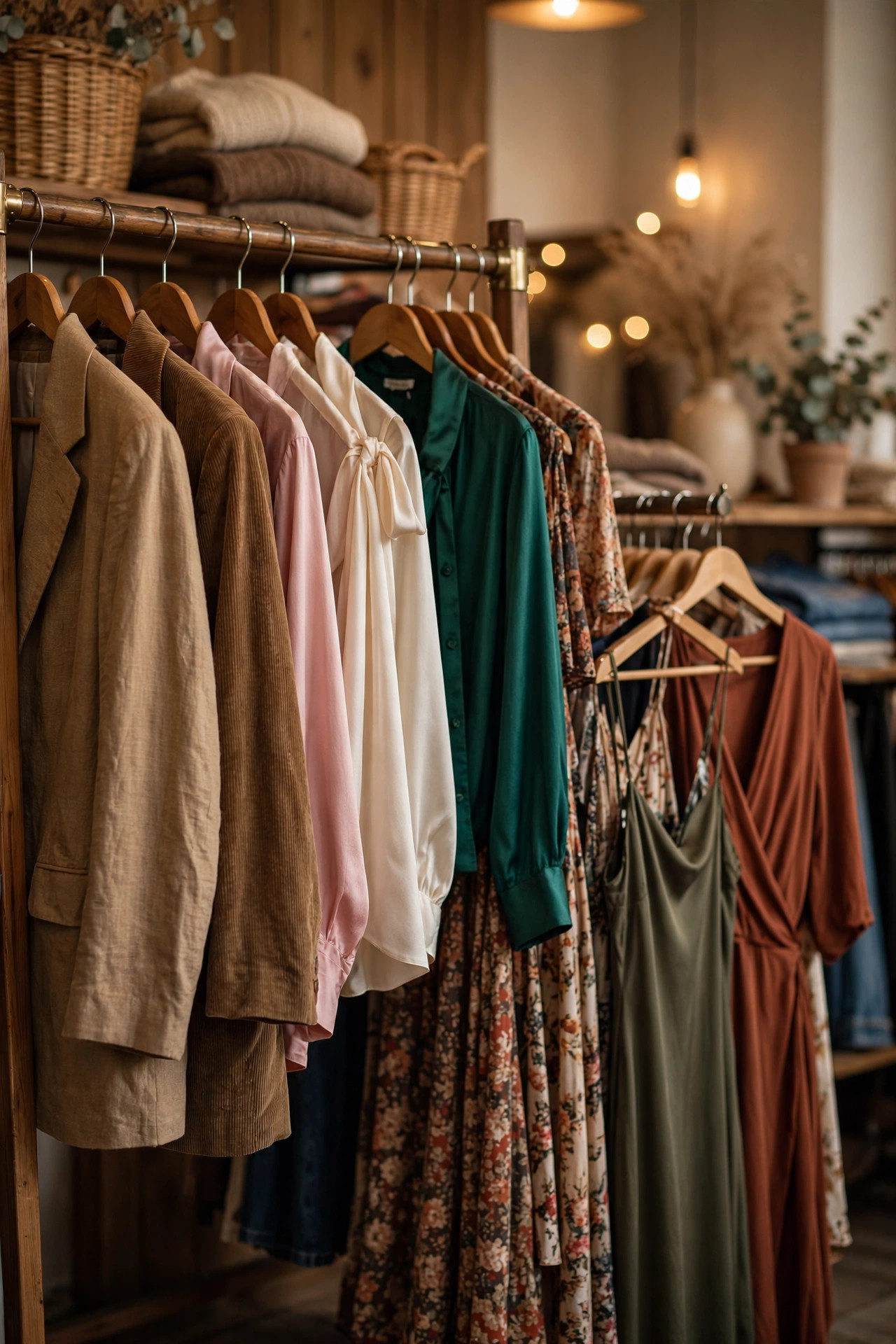 Curated thrift store clothing rack with blazers, blouses and dresses in warm light