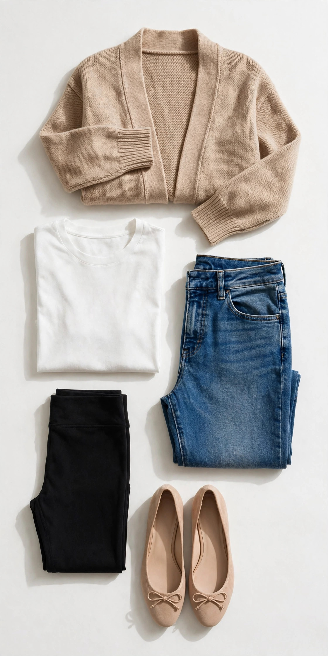 Wardrobe basics flat lay: white tee, black leggings, jeans, nude flats, beige cardigan